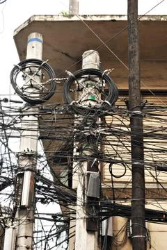 Messy Electric Pole Cable Lines Stock Photos