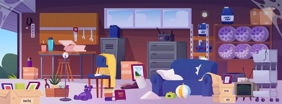 Messy garage interior, locker storage room with destroyed auto and repair Stock Illustration