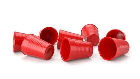Messy Group of Red Plastic Cups on White Background 3D Illustration Stock Illustration