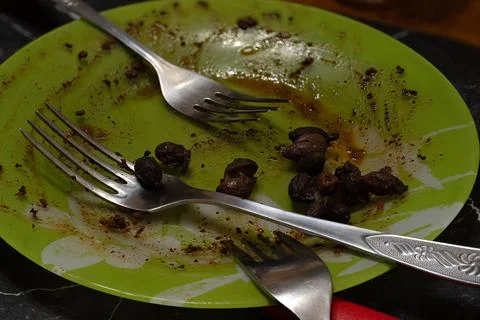 Messy leftover meat chunks and dark sauce residue on a lime green patterned.. Stock Photos