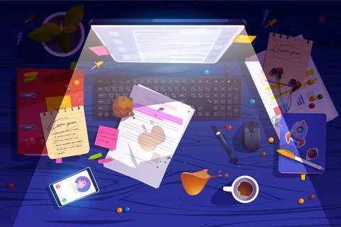 Messy night workplace top view, clutter desk. Illustrazione stock