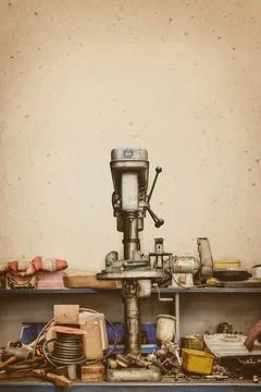 Messy old workshop bench with press drill and tools Foto stock