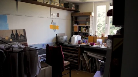 Messy Painters Workspace Indoors Stock Footage 127032097