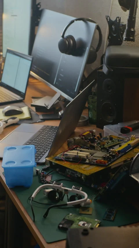 Messy Programmer Workspace Showing Computer Hardware on Desk Video stock 338421558
