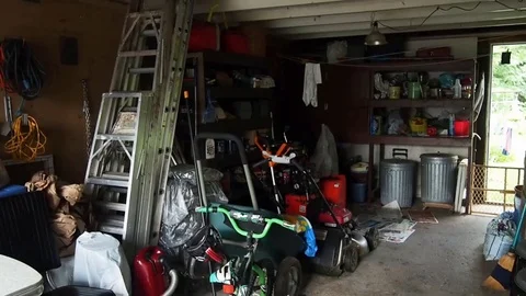 Messy residential garage Stock Footage 112077855