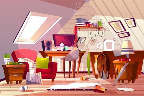 Messy room at garret attic vector illustration Иллюстрация