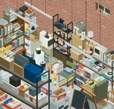 Messy storage room with vintage objects and junk Stock Illustration
