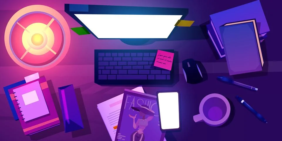 Messy table top view in evening. Stock Illustration