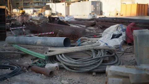 Messy urban construction site featuring a chaotic pile of building material.. Stock Footage 339782867