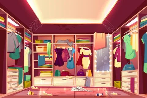 Messy walk in closet interior cartoon Stock Illustration