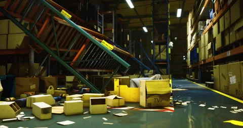 Messy warehouse interior showcasing scattered boxes and disarrayed supplies Stock Footage 308376123
