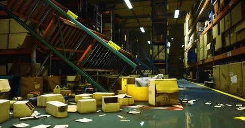Messy warehouse interior showcasing scattered boxes and disarrayed supplies Stock Illustration