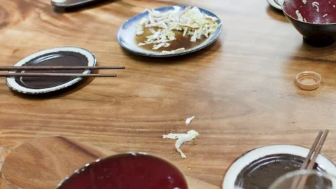 Messy Wooden Restaurant Dining Table After Finished Asian Meal Stock Footage 345486473