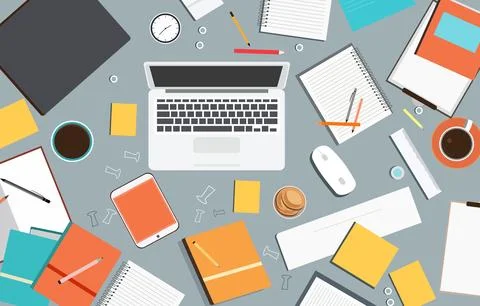 Messy Work Desk with Computer Book Pen Scattered on the Table Stock Illustration