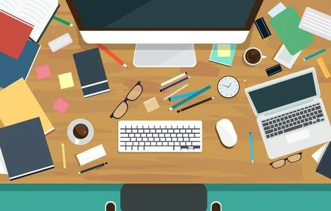 Messy Work Desk with Computer Book Pen Scattered on the Table Stock Illustration