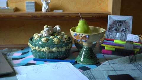 Messy work desk in the morning Stock Footage 131430053