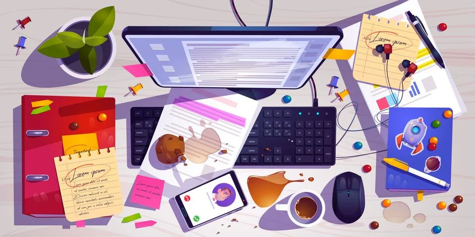 Messy workplace top view, clutter office desk Stock Illustration