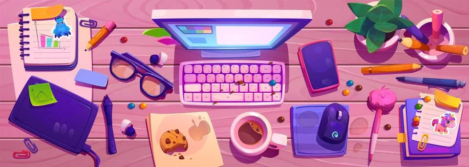 Messy workplace top view Stock Illustration