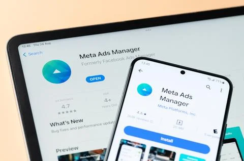Meta Ads Manager app on Ipados and google store Stock Photos