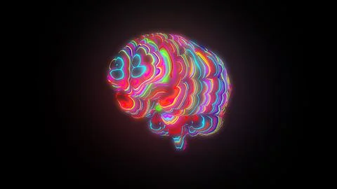 Meta Brain, 3D render of human brain with glow colourful surface イラスト素材
