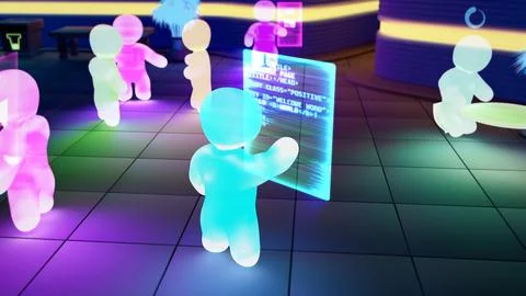Meta universe avatar of person is coding with virtual screen Stock-Illustration
