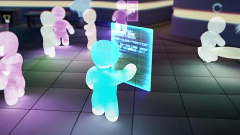 Meta universe avatar of person is programming with virtual screen 库存插图