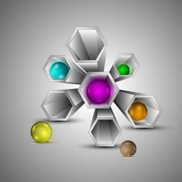 Metal 3d hexagons with multi colored spheres inside Stock Illustration