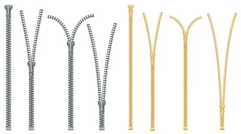 Metal and Plastic Zipper Set Isolated on White Background. Close and Open Pos Stock Illustration