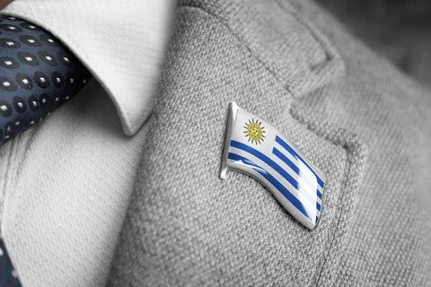 Metal badge with the flag of Uruguay on a suit lapel Stock Photos