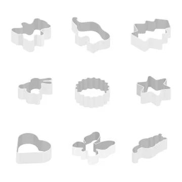 Metal baking cookie cutters set, collection. Beat, elephant, christmas tree, Stock Illustration