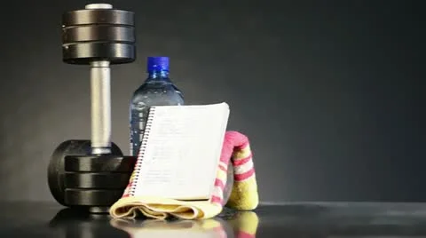 Metal barbell with week program and water Stock-Footage 11848088