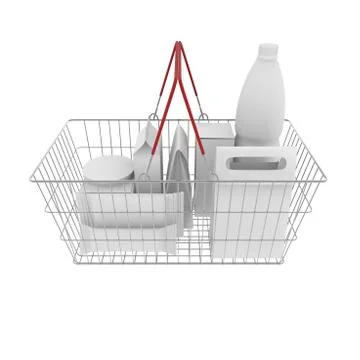 Metal basket with white empty boxes, packages and bottles of food and drinks. Stock Illustration