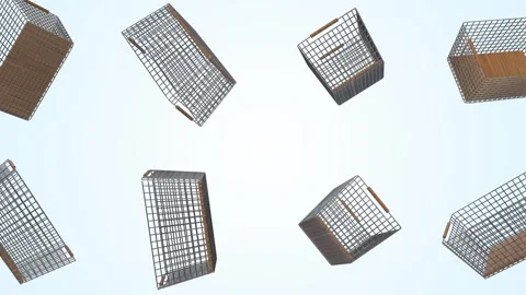 Metal Baskets Falling on a Light Background. Steel Kitchen Baskets 3D Animation. Stock Footage 299983329