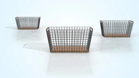 Metal Baskets on a Light Reflective Floor. Steel Baskets 3D Animation. 4K Stock Footage 299983237