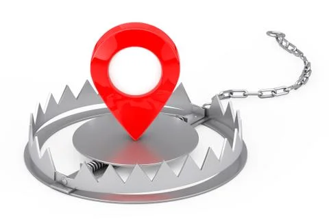 Metal Bear Trap with Red Map Pointer Target Pin. 3d Rendering Illustrazione stock