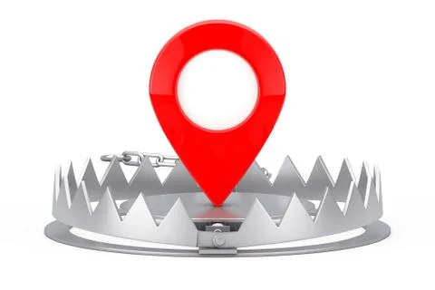 Metal Bear Trap with Red Map Pointer Target Pin. 3d Rendering Illustrazione stock