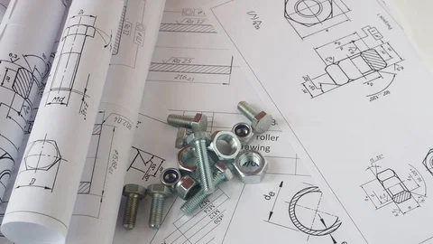 Metal bolt and nut on printed drawings background. Stock Footage