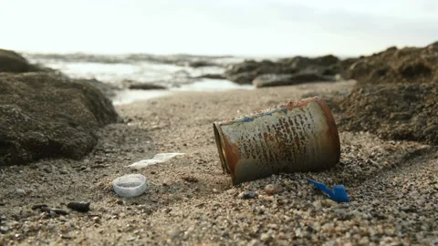 Metal box and microplastics debris discarded on sea ecosystem,nature pollution Stock Footage 220115974