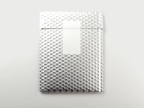 Metal bubbles packaging bag with white sticker. 3d rendering Illustrazione stock