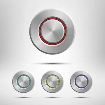 Metal button set isolated on grey background. Vector realistic design element. Stock Illustration