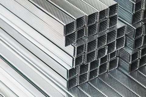 Metal C profile studs for drywall and ceiling construction, corrugated C sh.. Stock Photos