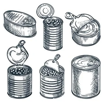 Metal cans, jars containers set. Food in tins hand drawn vector sketch illust Stock Illustration
