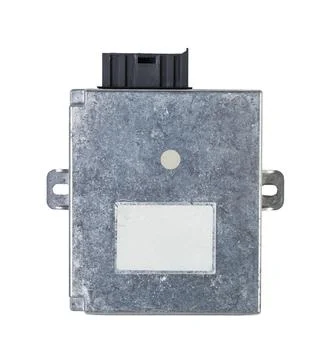Metal car engine control unit with metal elements on a white isolated backgro Stock Photos