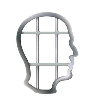 Metal cell in human head being jail, struggle, lack creativity. Stock Illustration