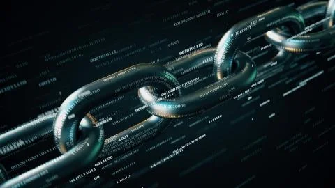 Metal chain with many binary numbers. Blockchain technology conceptual 3D Stock Illustration