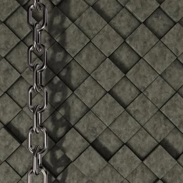 Metal chain on stone cubes background - 3d illustration Illustrazione stock