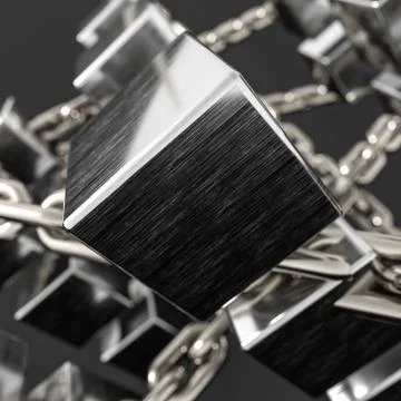 Metal chains and cubes background, 3d rendering. Stock Illustration