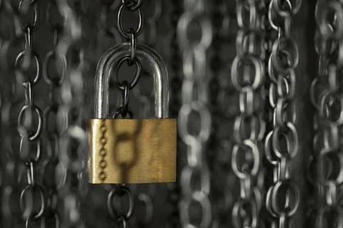 Metal chains hanging vertically with a shiny lock. Business data encryption.. Stock Photos