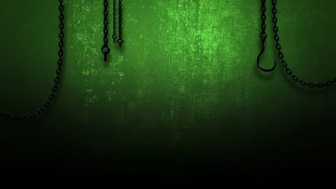 Metal chains with hooks hang from rough, green wall Stock Footage 278104930