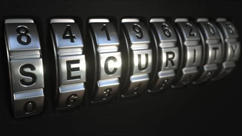 Metal code lock rings reveal SECURITY word. Conceptual 3D rendering Stock Illustration